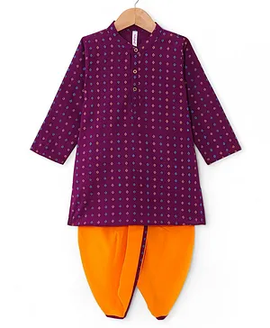 Babyhug 100% Cotton Woven Full Sleeves Kurta & Dhoti Set With Square Print - Purple & Orange