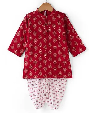 Babyhug Cotton Woven Full Sleeves Hand Block Printed Kurta & Dhoti Set - Red & White