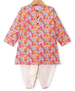 Babyhug 100% Cotton Woven Full Sleeves Kurta & Dhoti Set With Floral Print - Multicolour