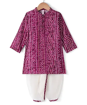 Babyhug 100% Cotton Woven Full Sleeves Kurta & Dhoti Set With Bandhani Print - Purple & White