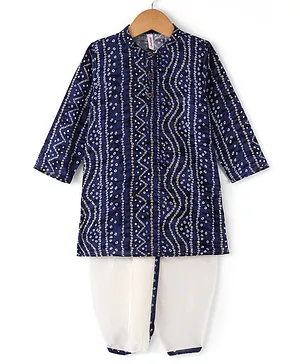 Babyhug 100% Cotton Woven Full Sleeves Kurta & Dhoti Set With Bandhani Print - Navy Blue & White