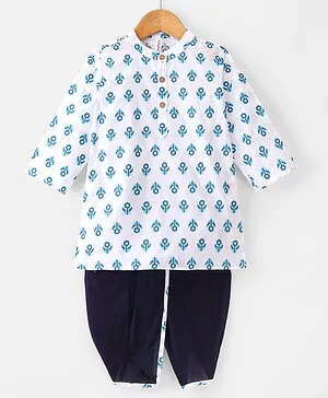 Babyhug 100% Cotton Woven Full Sleeves Kurta & Dhoti Set With Floral Print - White & Blue