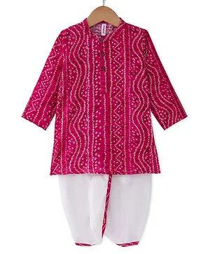 Babyhug 100% Cotton Woven Full Sleeves Kurta & Dhoti Set With Bandhani Print -Fuchsia