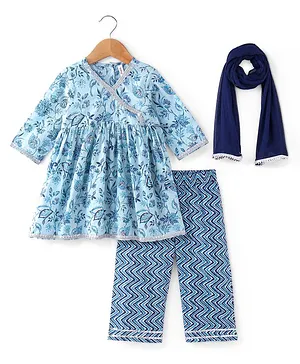 Babyhug Cotton Woven Full Sleeves Floral Printed Kurta & Palazzo Set with Dupatta- Blue