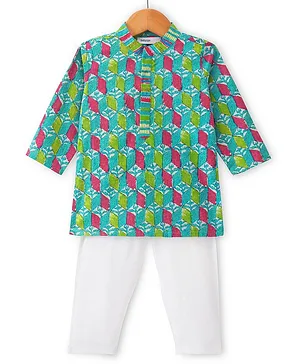 Babyoye Cotton Woven Full Sleeves Kurta & Pyjama Set With Cubes Print- Multicolor