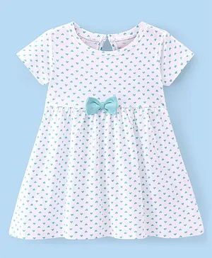 Babyhug 100% Cotton Knit Single Jersey Half Sleeves Frock With Heart Print & Bow Applique - White