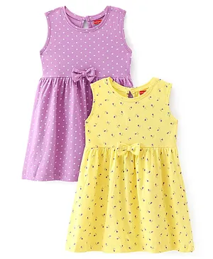 Babyhug 100% Cotton Single Jersey Knit Sleeveless Frock Floral Print Pack Of 2 - Purple & Yellow