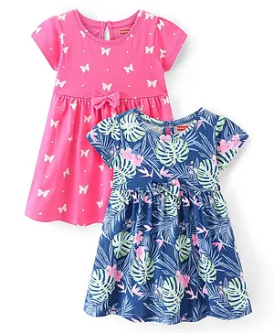 Babyhug 100% Cotton Single Jersey Knit Half Sleeves Frock Butterfly & Leaf Print Pack Of 2 - Pink & Blue