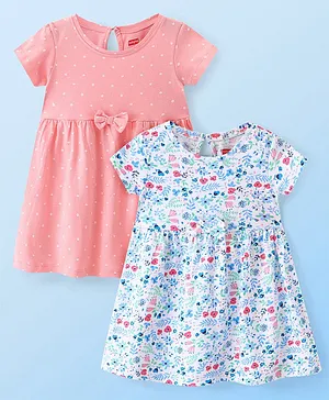 Babyhug Single Jersey Knit Half Sleeves Frock Floral & Polka Dot Print Pack Of 2 - White & Pink