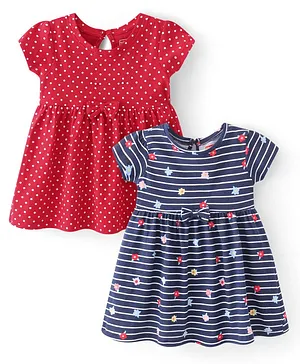 Babyhug Single Jersey Knit Half Sleeves Frock Stripes & Polka Dot Print Pack Of 2 - Red & Blue