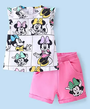 Babyhug Disney Cotton Knit Single Jersey Frill Sleeve T-Shirt & Shorts With Minnie Mouse Print - White & Pink