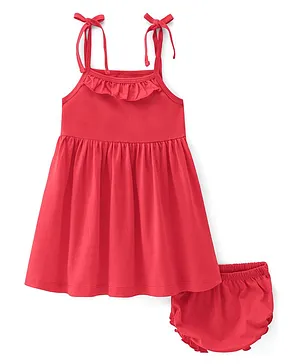 Babyhug 100% Cotton Knit Sleeveless Solid Colour Frock with Bloomer- Corel Red