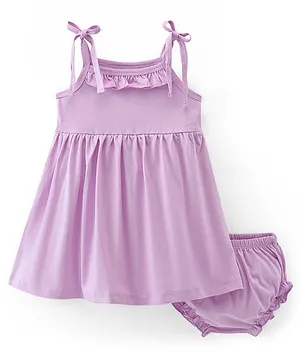 Babyhug 100% Cotton Knit Single Jersey Singlet Sleeves Frock With Bloomer Solid Colour - Lilac