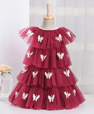 Enfance Sleeveless Butterfly Applique Layered Dress - Maroon