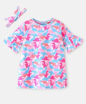 Babyhug 100% Cotton Single Jersey Knit THree Fourth Sleeves Frock With Head Band Dino Print - Multicolor