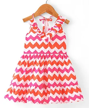 Babyhug Rayon Knit Sleeveless Chevron Printed with Frill Detailing Frock - Multicolour