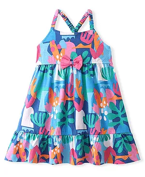 Babyhug 100% Cotton Knit Sleeveless Frock with Floral Print  - Blue
