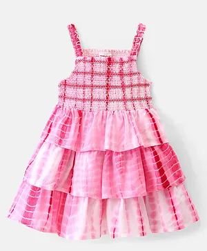 Babyhug 100% Viscose Woven  Sleeveless Frock Tie & Dye Print with Layers - Pink