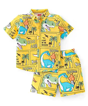 Babyhug Cotton Knit Half Sleeves Dino Printed Shirt & Shorts Set - Yellow