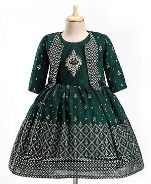 Enfance Full Sleeves Sequin Embellished Dress With Coordinating Shrug - Bottle Green