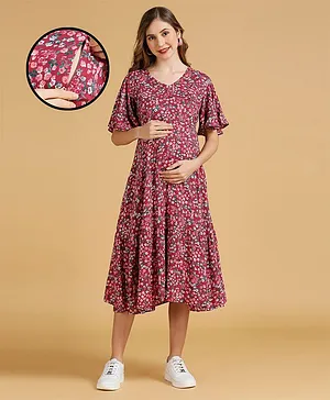 MomToBe Half Sleeves Floral Printed Maternity Dress With Concealed Zipper Nursing Access -  Wine Red