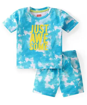 Babyhug 100% Cotton Knit Half Sleeves T-Shirt & Shorts with Tie Dye & Text Print - Blue & White