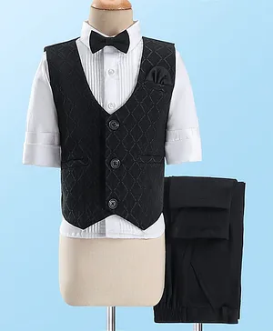 Babyhug Full Sleeves Textured  Waist Coat Set with Bow Solid Colour  - Black & White