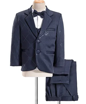 Babyhug Full Sleeves Party Suit with Waistcoat & Bow - Navy Blue
