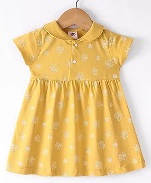 Zero Cotton Knit Half Sleeves Frock with Floral Print - Yellow