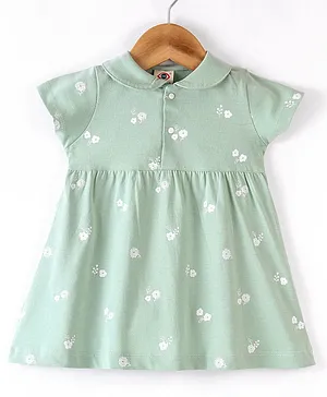 Zero Cotton Knit Half Sleeves Frock With Floral Print - Green