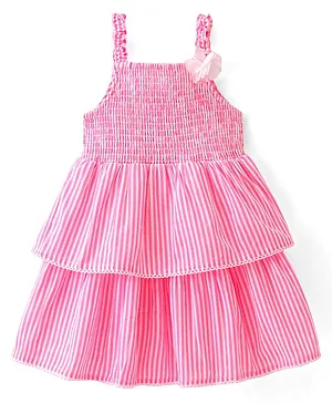 Babyhug Seer Sucker Woven Sleeveless Striped Frock with Floral Corsage - pink