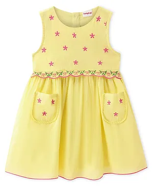 Babyhug Cotton Woven Sleeveless Frock Floral Embroidery - Yellow & Pink