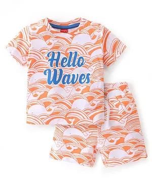 Babyhug 100% Cotton Knit Half Sleeves T-Shirt & Shorts Set Shark Print - Peach