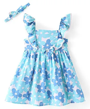 Babyhug 100% Cotton Poplin Woven Frill Sleeves Frock With Head Band Floral Print - Blue