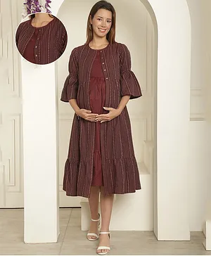 Moms Maternity Three Fourth Sleeves Abstract Printed Shrug  - Wine
