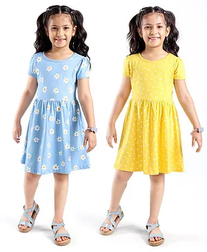 Honeyhap Premium 100% Cotton Jersey Tiered Frocks with Bio Finish Polka Dot and Floral Print Pack of 2 - Solar Power & Dutch Canal Blue