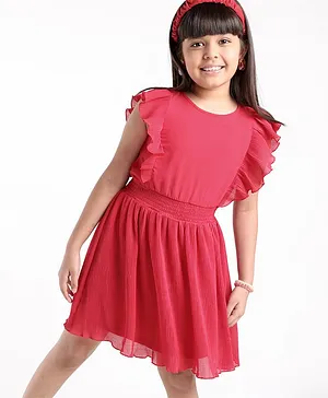Arias Crinkle Fabric Frill Sleeves Solid Color Frock With Lining - Red