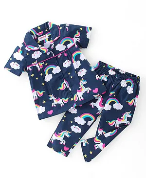 Babyhug Cotton Knit Single Jersey Half Sleeves Night Suit With Unicorn Print - Navy Blue
