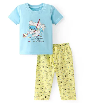 Doodle Poodle 100% Cotton Knit Half Sleeves Night Suit with Teddy & Fish Print - Multicolour