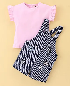 ToffyHouse 100% Cotton Knit Dungaree with Half Sleeves T-Shirt Striped & Sea Shell Print - Light Pink