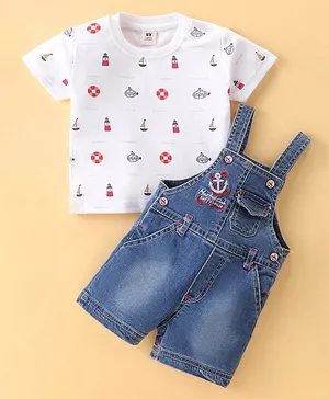 ToffyHouse Dungarees & Half Sleeves T-Shirt Set With Anchor Print & Embroidery - White & Blue