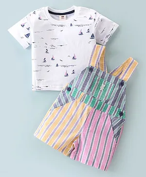 ToffyHouse Dungarees & Half Sleeves T-Shirt Set With Striped & Boat Print - Multicolour