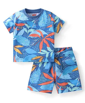Babyhug Single Jersey Knit Half Sleeves T-Shirt & Shorts Set Leaf Print  Blue
