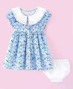 Babyhug 100% Cotton Poplin Woven Half Sleeves Frock With Bloomer Floral Print - Blue
