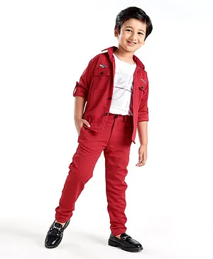 Rikidoos Full Sleeves Solid Shirt With Text Printed Tee With Pant - Maroon & White