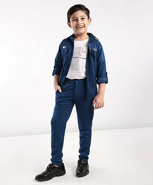 Rikidoos Full Sleeves Solid Shirt With Text Printed Tee & Pant - Blue & White