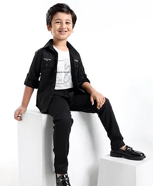 Rikidoos Full Sleeves Solid Shirt With Text Printed Tee With Pant - Black & White