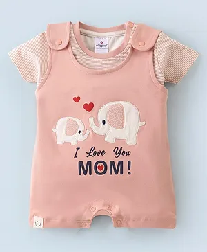 Ollypop Interlock Half Sleeves Dungaree Style Romper & Inner T-Shirt With Elephant Embroidery & Text Print - Peach