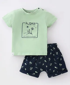 Ollypop Cotton Half Sleeves T-Shirt & Shorts Set Beach Print - Fern Green