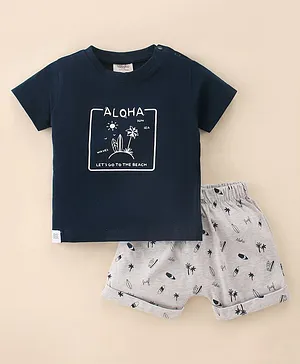 Ollypop Cotton Half Sleeves T-Shirt & Shorts Set Beach Print - Midnight Blue